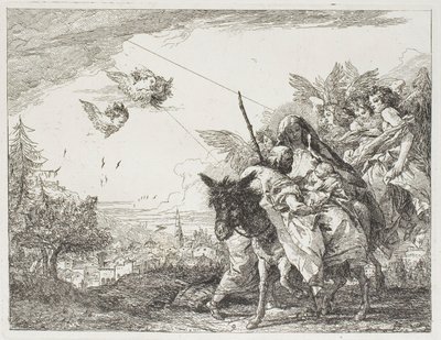 Josef beundrar barnet som hålls i Marias famn, plansch nio från Flykten till Egypten av Giovanni Domenico Tiepolo