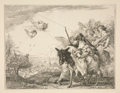 Joseph Contemplates the Infant Jesus, från serien Picturesque Ideas over the Flight into Egypt (Flight into Egypt) av Giovanni Domenico Tiepolo