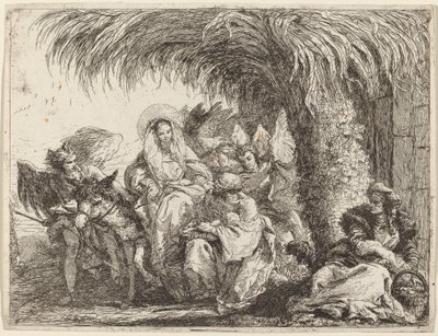 Joseph knäböjer med barnet inför Maria på åsnan av Giovanni Domenico Tiepolo