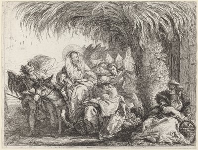 Joseph knäböjer med barnet inför Maria på åsnan av Giovanni Domenico Tiepolo