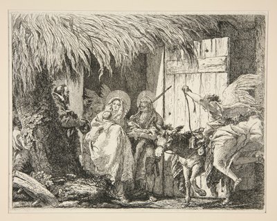 Josef och Maria framför ett hus, från serien Idee pittoresche sopra la fuga in Egitto (Flight into Egypt) av Giovanni Domenico Tiepolo