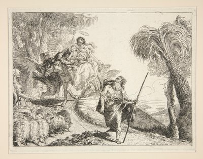 Josef med jungfrun och barnet, från serien Idee pittoresche sopra la fuga in Egitto (Flight into Egypt) av Giovanni Domenico Tiepolo
