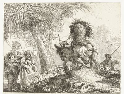 Maria med barn understödd av ängel och Josef leder åsnan förbi herde med får Flyg till Egypten (serietitel) Idé pittoreska sopra la fugga i Egitto (serietitel) av Giovanni Domenico Tiepolo