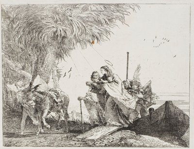 Mary, hjälpt av Josef och en ängel, kliver ut ur båten, tallrik arton från The Flight into Egypt av Giovanni Domenico Tiepolo