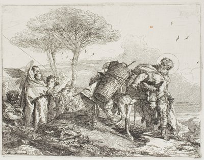 Mary, hjälpt av två änglar, följer Josef med åsnan, skylt 25 från The Flight into Egypt av Giovanni Domenico Tiepolo