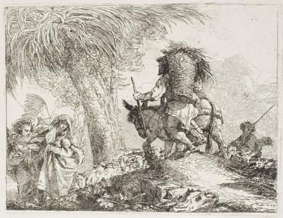 Maria, hjälpt av en ängel, och Josef som bär korgen, passerar en flock, skylt 24 från The Flight into Egypt av Giovanni Domenico Tiepolo