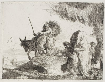 Mary, med stöd av två änglar, följer Joseph, skylt 26 från The Flight into Egypt av Giovanni Domenico Tiepolo