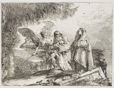 Maria och Josef, som håller barnet, eskorteras av en ängel, tallrik tolv från Flygningen till Egypten av Giovanni Domenico Tiepolo