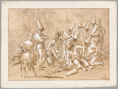 Punchinello kollapsar på vägen av Giovanni Domenico Tiepolo