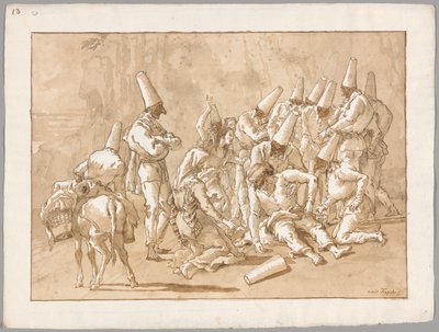 Punchinello kollapsar på vägen av Giovanni Domenico Tiepolo