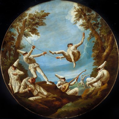 Punchinellos på gungor, gör musik och gör akrobatik i ett landskap av Giovanni Domenico Tiepolo