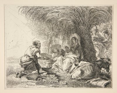 Saint Joseph Adoring the Infant Jesus, från serien Idee pittoresche sopra la fuga in Egitto (Flight into Egypt) av Giovanni Domenico Tiepolo