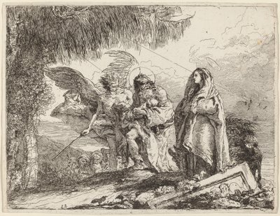 Flygningen, helig familj som går med ängeln av Giovanni Domenico Tiepolo