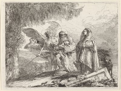 Flygningen, helig familj som går med ängeln av Giovanni Domenico Tiepolo