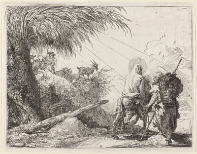 Flygningen, heliga familjen till höger, Joseph ser till vänster av Giovanni Domenico Tiepolo