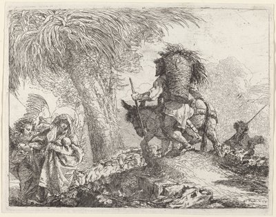 Flygningen, Josef till höger och Maria och ängel till vänster av Giovanni Domenico Tiepolo