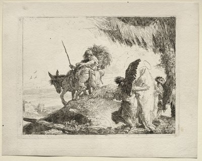 Flygningen till Egypten: Flygningen med Madonnan till höger med stöd av änglar av Giovanni Domenico Tiepolo
