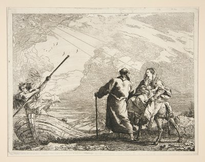 The Holy Family Arrives at the Edge of a River, från serien Idee pittoresche sopra la fuga in Egitto (Flight into Egypt) av Giovanni Domenico Tiepolo
