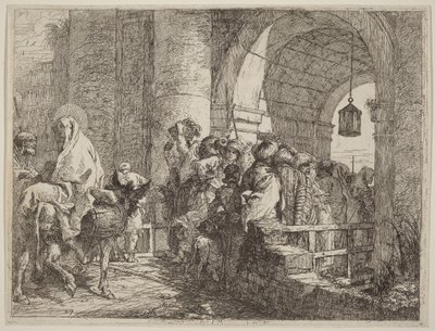 Den heliga familjen anländer till en stadsport av Giovanni Domenico Tiepolo