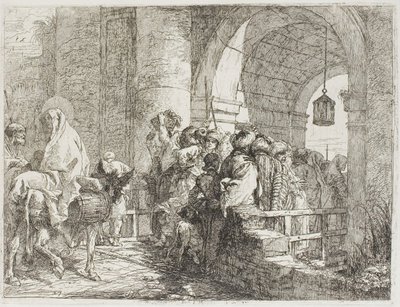 Den heliga familjen anländer till en stadsport, skylt 27 från The Flight into Egypt av Giovanni Domenico Tiepolo