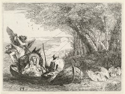 Den heliga familjen färjas över floden av Giovanni Domenico Tiepolo
