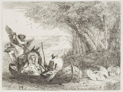 The Holy Family Crossing the Lake in the Boat, skylt sjutton från The Flight into Egypt av Giovanni Domenico Tiepolo