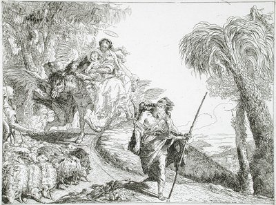 Den heliga familjen på väg nedför en skogsstig, nära en hjord och några herdar av Giovanni Domenico Tiepolo