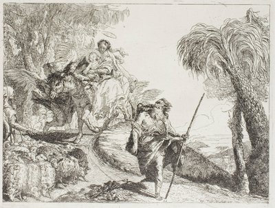 Den heliga familjen på väg nedför en skogsstig, nära en flock och några herdar, skylt 21 från The Flight into Egypt av Giovanni Domenico Tiepolo