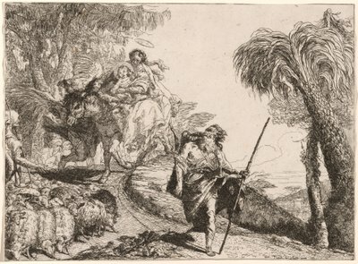 Den heliga familjen går ner för en stig nära herdar av Giovanni Domenico Tiepolo