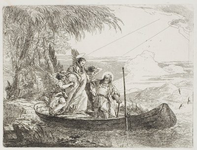 Den heliga familjen går in i båten med hjälp av änglarna, skylt sexton från The Flight into Egypt av Giovanni Domenico Tiepolo