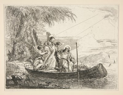 The Holy Family Enters a Boat, från serien Idee pittoresche sopra la fuga in Egitto (Flight into Egypt) av Giovanni Domenico Tiepolo