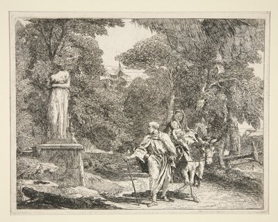 The Holy Family Passing Near a Statue, från serien Idee pittoresche sopra la fuga in Egitto (Flight into Egypt) av Giovanni Domenico Tiepolo