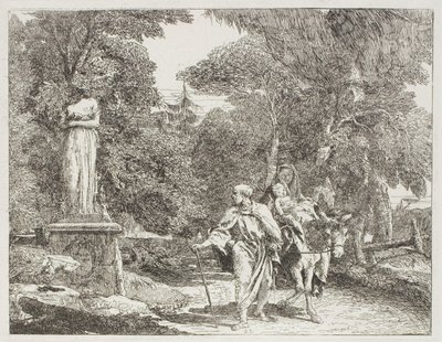 Den heliga familjen passerar en staty, vars huvud faller till marken, skylt 22 från The Flight into Egypt av Giovanni Domenico Tiepolo