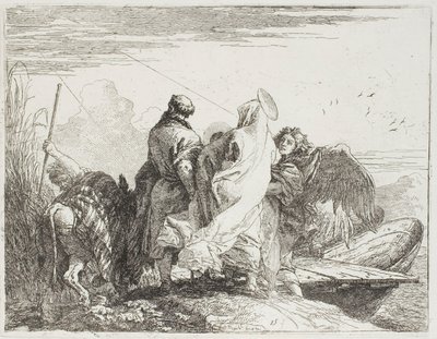 Den heliga familjen kliver av stranden, tallrik femton från The Flight into Egypt av Giovanni Domenico Tiepolo