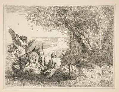 Den heliga familjen som reser med båt, från serien Idee pittoresche sopra la fuga in Egitto (Flight into Egypt) av Giovanni Domenico Tiepolo