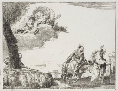 Den heliga familjen går längs en stadsmur. Till vänster, en herde med sin flock och Gud Fadern, skylt åtta från Flygningen till Egypten av Giovanni Domenico Tiepolo