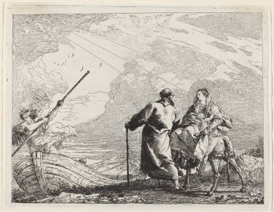 Den heliga familjen vid flodens strand av Giovanni Domenico Tiepolo