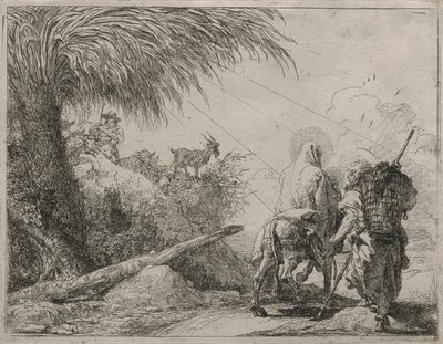 The Holy Family on a Rocky Path, från serien Idee pittoresche sulla fuga in Egitto (Flight into Egypt) av Giovanni Domenico Tiepolo