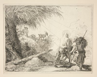 Jungfrun, monterad på åsnan och sedd bakifrån, från serien Idee pittoresche sopra la fuga in Egitto (Flight into Egypt) av Giovanni Domenico Tiepolo