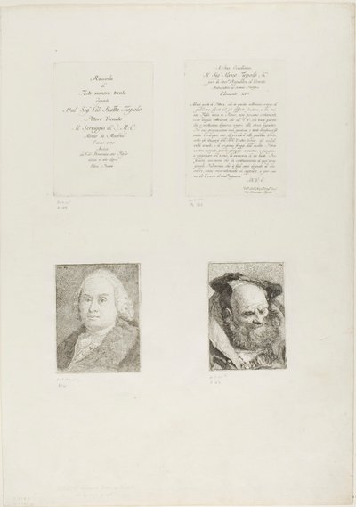 Titelsida, dedikation, porträtt av Giambattista Tiepolo, skäggig gammal man av Giovanni Domenico Tiepolo