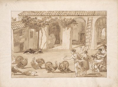 Kalkoner på en venetiansk gård, den tredje teckningen i Tiepolo av Giovanni Domenico Tiepolo