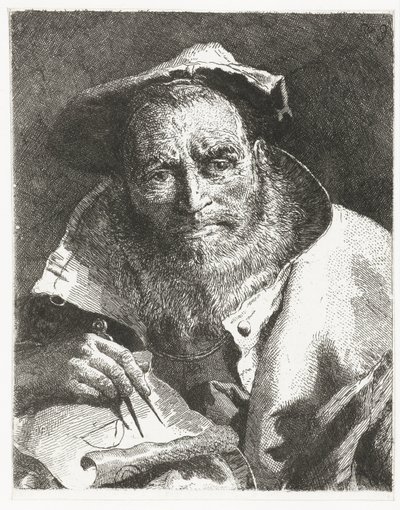Forskare med basker på huvudet och kompass i handen Samling av huvuden (serietitel) Raccolta di Teste (serietitel) av Giovanni Domenico Tiepolo