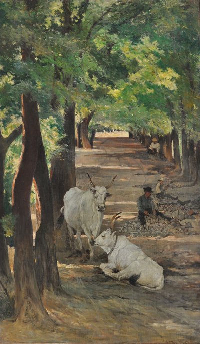 Aveny med oxar och stenbrytare, ca 1875 (olja på duk) av Giovanni Fattori