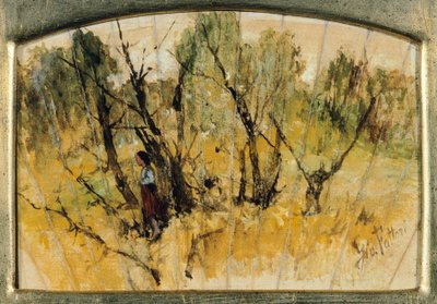 Skog med en figur, studien av en fläkt, av Giovanni Fattori, olja på papper på duk av Giovanni Fattori