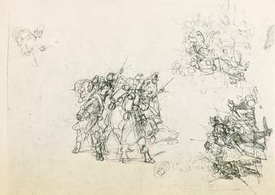 Tre skisser för grupper av soldater (svart penna) av Giovanni Fattori