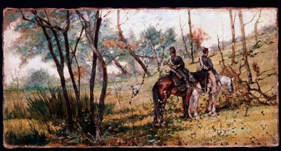 Två soldater som rider under träden (Två häst-legers) - Målning av Giovanni Fattori