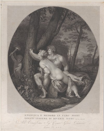 Angelica ligger över Medoros knä och skriver sina namn på en trädstam, 1784-1836. av Giovanni Folo