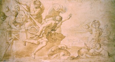 Arion och delfinerna (penna & brunt bläck och tvätt på papper) av Giovanni Francesco Romanelli