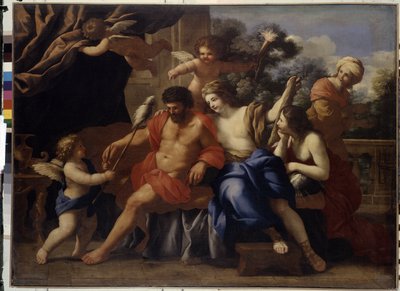 Hercules och Omphale (Hercules och Omphale). Målning av Giovanni Francesco Romanelli (1610-1662), olja på duk, cirka 1650. Italiensk konst av Giovanni Francesco Romanelli