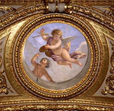 Kärlek till rättvisa. Målning av Giovanni Romanelli (1601-1662) som dekorerar taket i Antonine Hall, sovrummet i drottning Annes sommarlägenheter (1601-1666). Omkring 1655-1658. Paris, Louvren. av Giovanni Francesco Romanelli